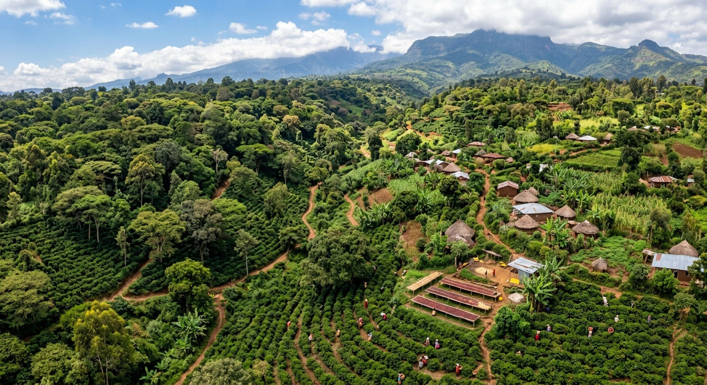 Vue aérienne d’un versant cultivé en agroforesterie : parcelles de caféiers sous couvert d’arbres, hameau et lits de séchage, montagnes en arrière-plan.