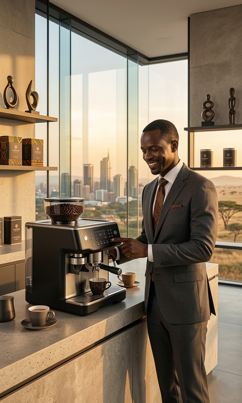 Professionnel en PME ou ETI utilisant une machine à café en grain