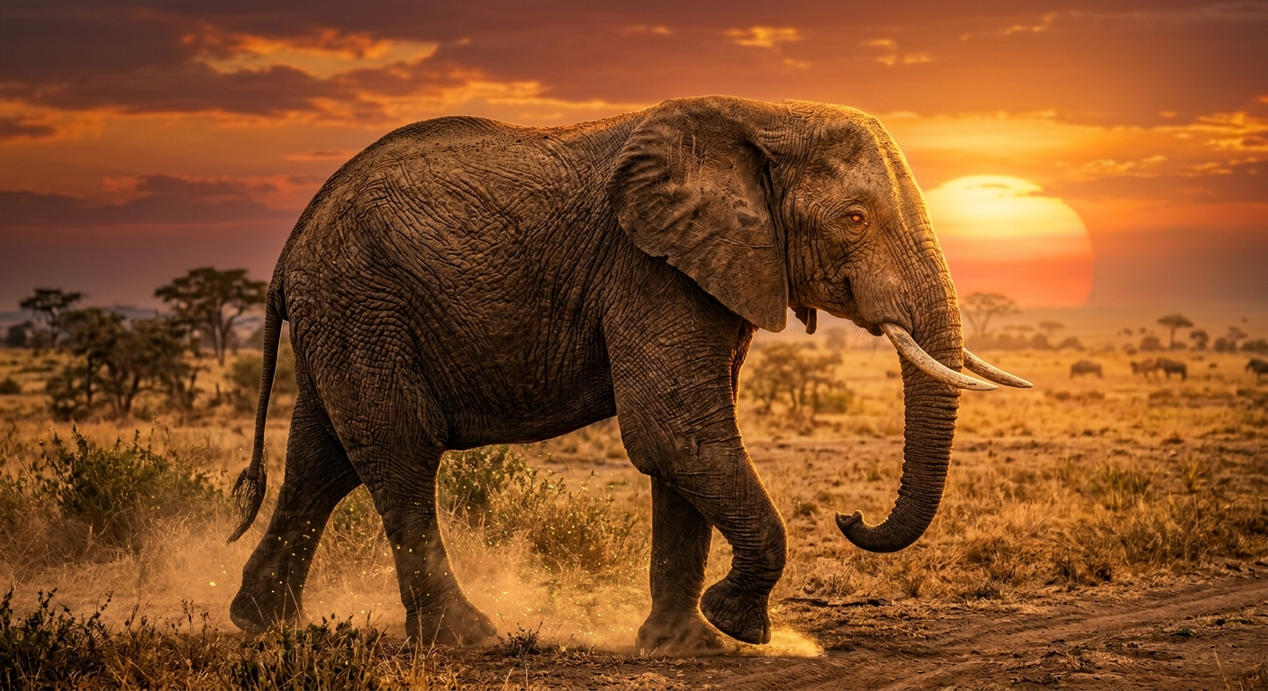 Éléphant d'Afrique au coucher du soleil