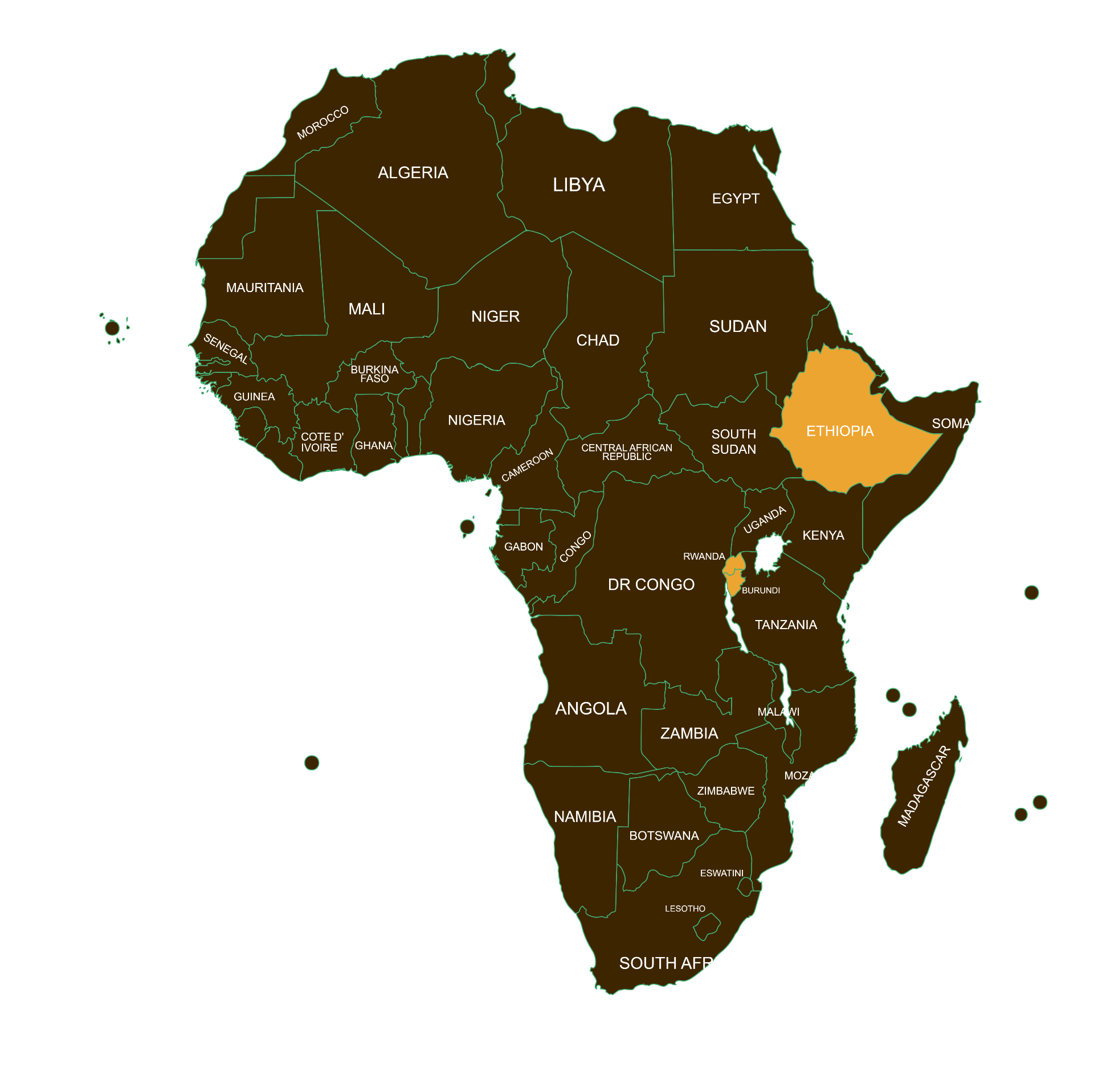 Carte de l'Afrique avec les pays producteurs de café